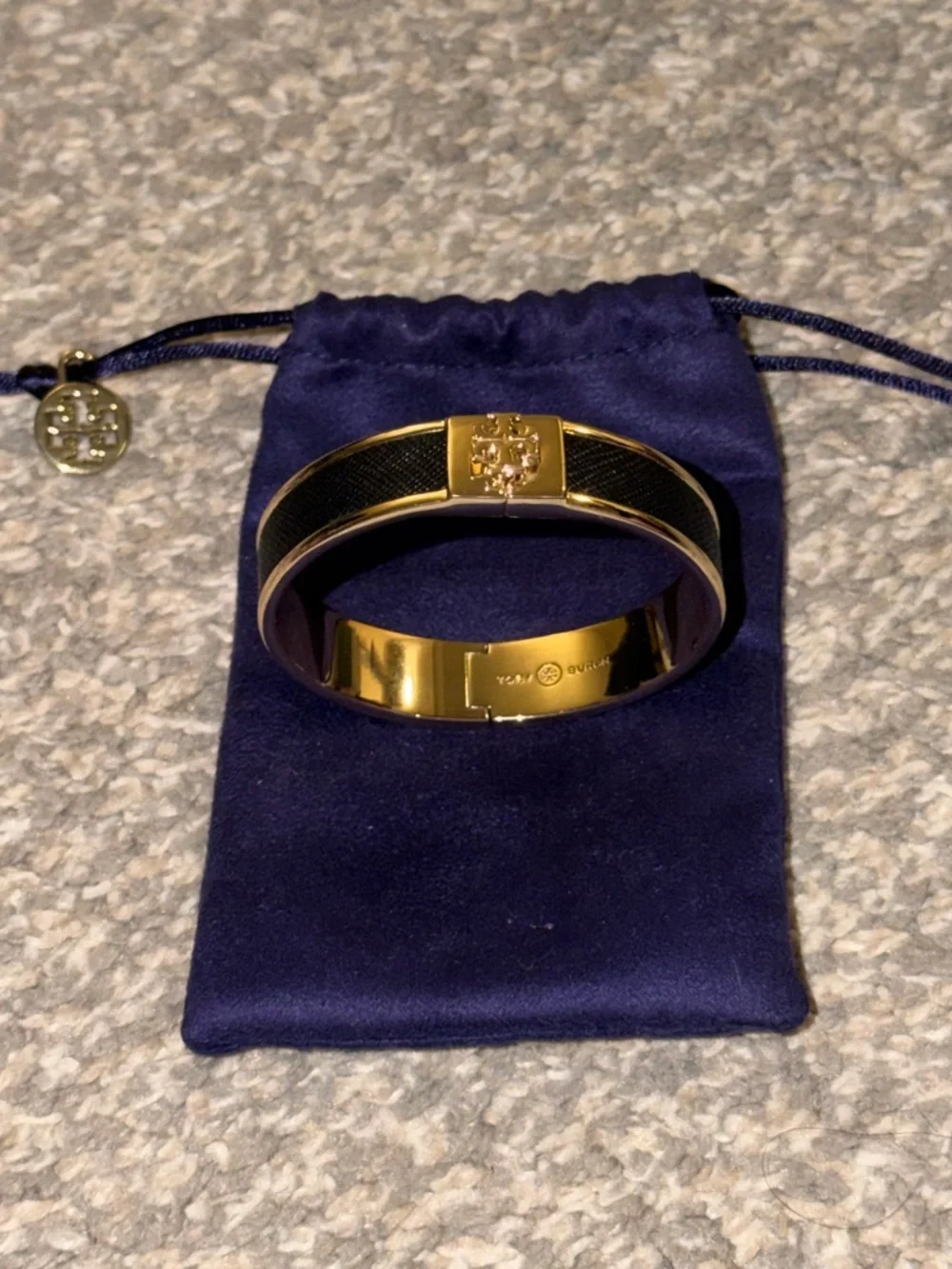 TORY BURCH Gold & Black Enamel Leather Hinged Bangle with Signature 3D Gold Logo
